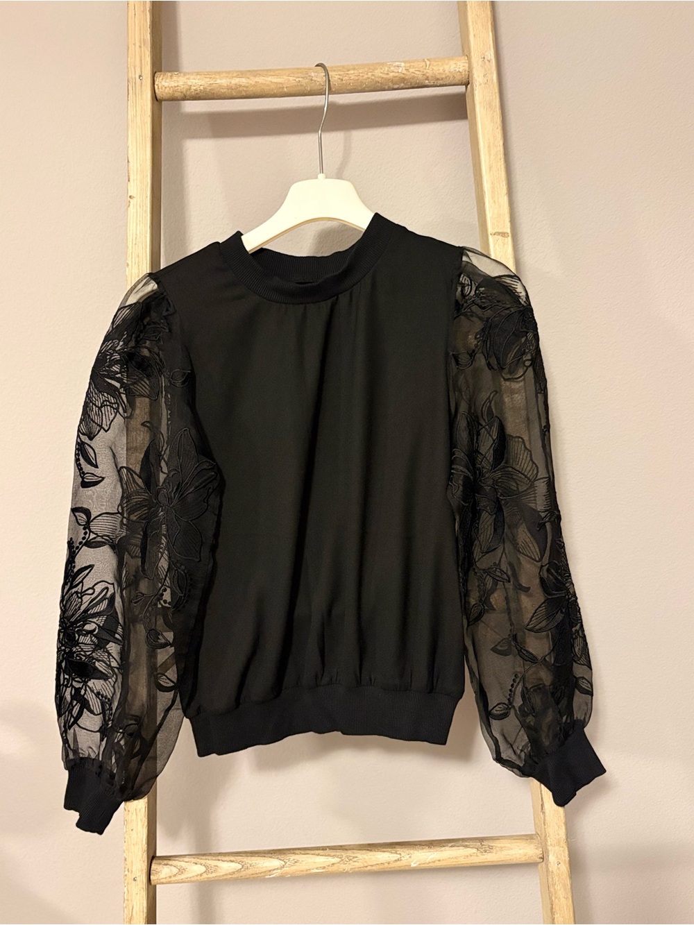 Express Black Sheer Embroidered Sleeve lightweight top